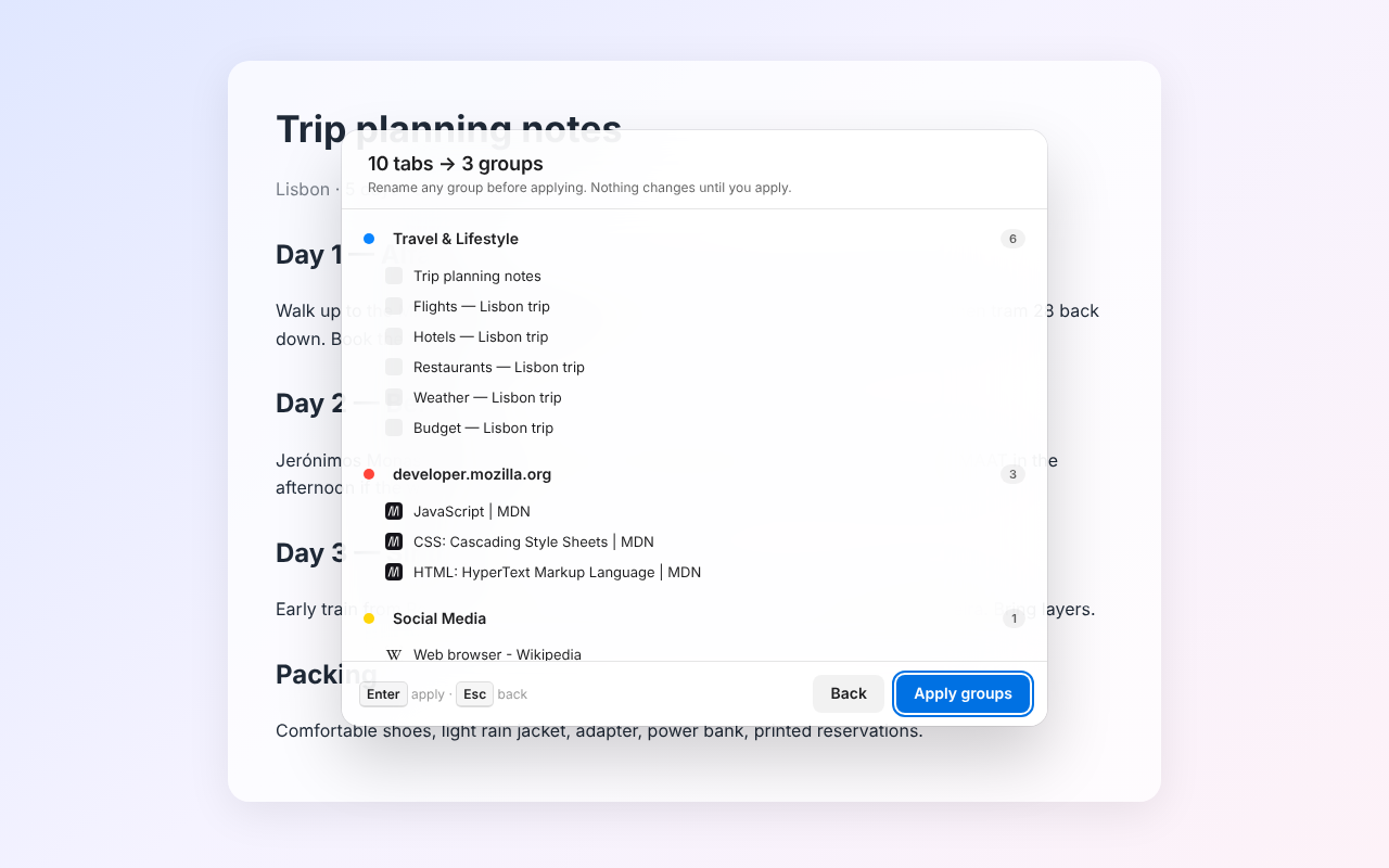 A preview listing 10 tabs sorted into 3 proposed groups, with Back and Apply groups buttons.