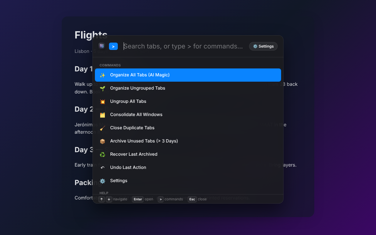 The command palette in dark mode listing commands such as Organize All Tabs and Close Duplicate Tabs.