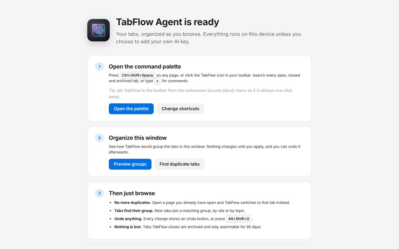The TabFlow welcome page showing the shortcut and an Organize this window step.